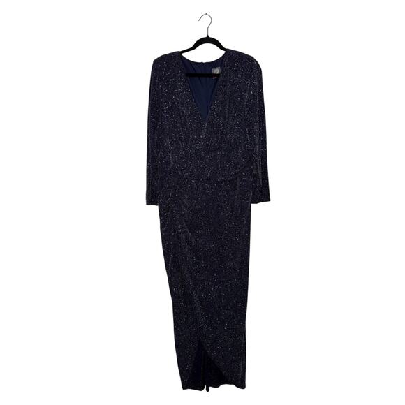 NWT Plus Size Formal Gown Navy Glitter Long Sleeve | Wrap Maxi Evening Dress 16W - Picture 2 of 6